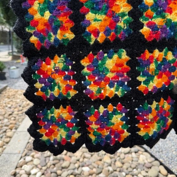 Vintage Black Rainbow Granny Square Afghan Throw 53" X 35" Handmade Crochet - Picture 3 of 10